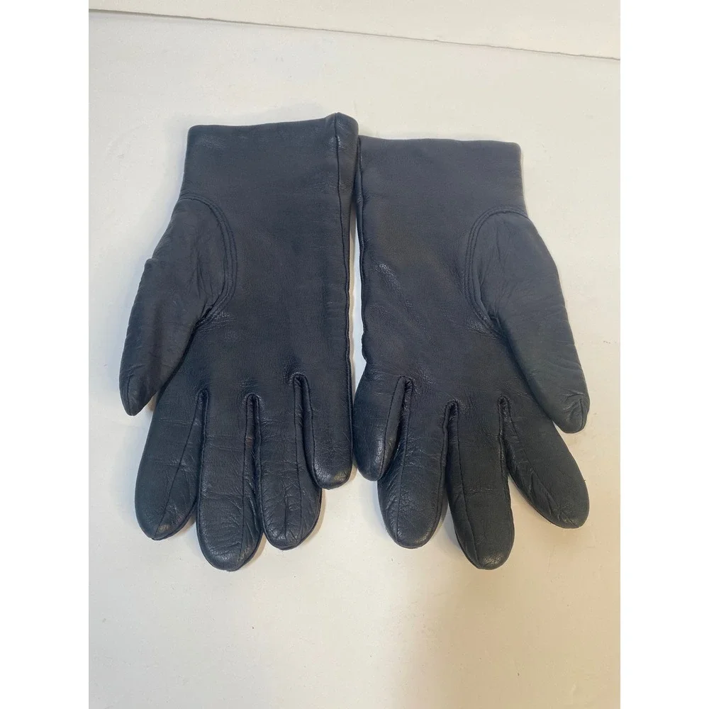 Vintage Fownes Leather Gloves Womens 7.5 Navy Blue Lined Winter Classic